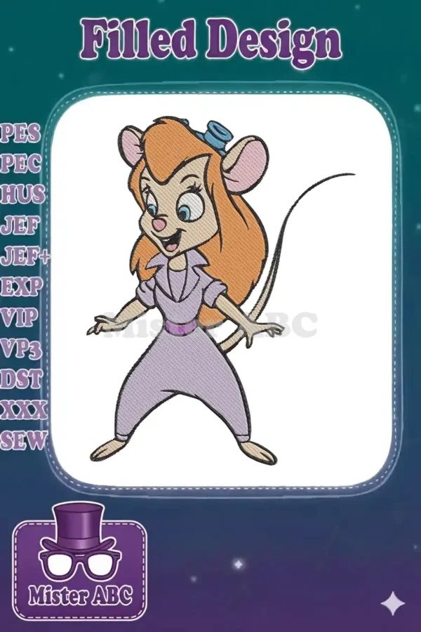 Full-color embroidery design of Gadget Hackwrench from Rescue Rangers, featuring her lavender jumpsuit and cheerful pose.