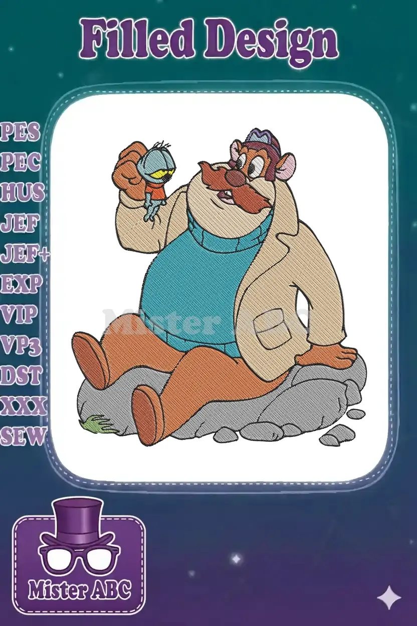 Embroidery design of Baloo the bear from TaleSpin sitting on a rock, holding Kit Cloudkicker. Vibrant colors.