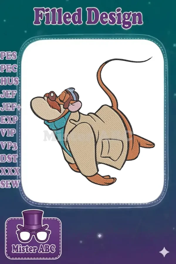 Detailed embroidery of Basil from The Great Mouse Detective, wearing a trench coat and hat, looking up.