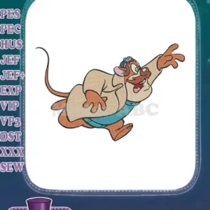 Full-color embroidery design of Basil of Baker Street, a mouse detective, in a dynamic, running pose.