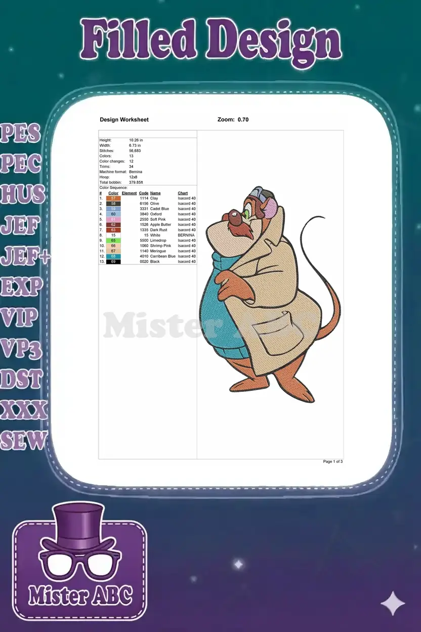 Embroidery design worksheet detailing dimensions, stitch count, color sequence, and machine specifications.