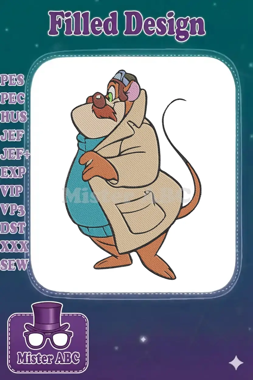Detailed embroidery design of Basil of Baker Street, the mouse detective, wearing a trench coat and hat.