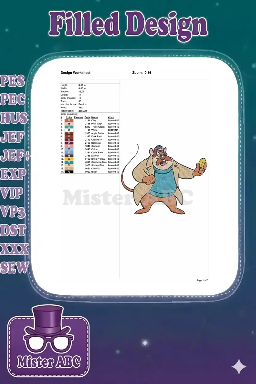 Embroidery design worksheet for Professor Ratigan, detailing dimensions, stitch count, and color sequence chart.
