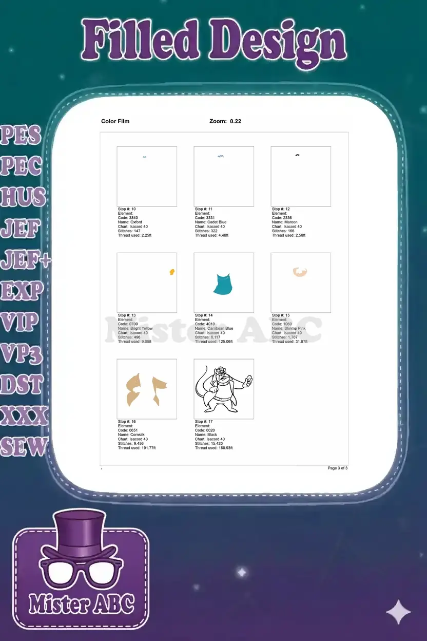 Second page of the color film for Professor Ratigan, showing mid-stage stitch elements and thread details.