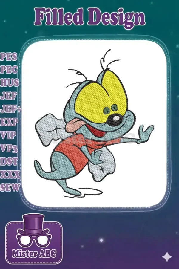 Vibrant machine embroidery design of a cheerful, light blue cartoon mouse-bug character with large yellow eyes.