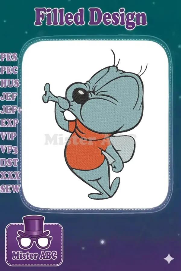 A playful, light blue cartoon weasel from Toon Patrol, wearing an orange shirt, enthusiastically playing a bone-shaped trumpet.