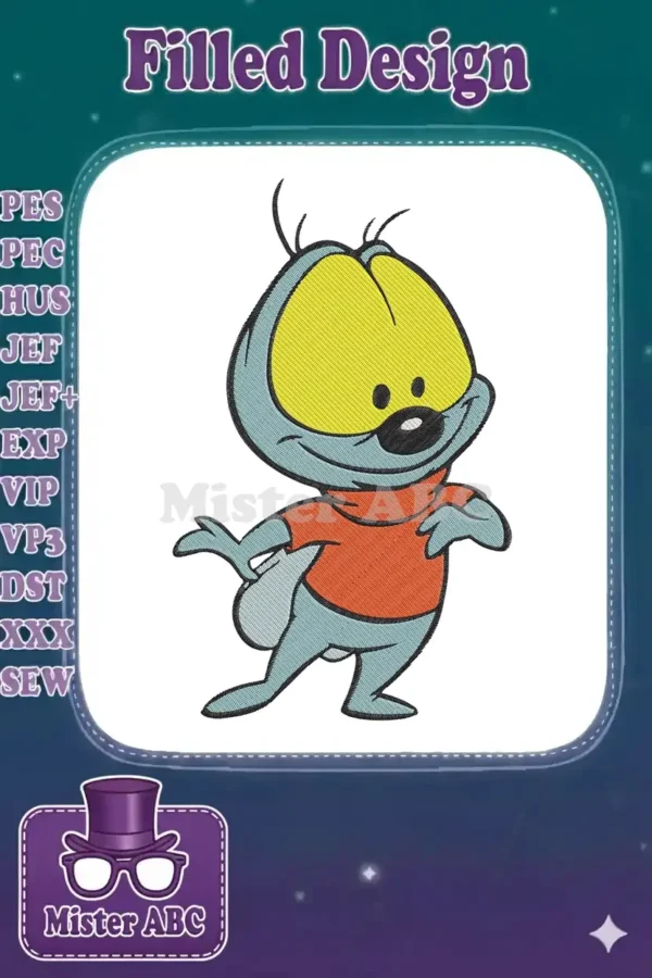 Adorable Sniffles cartoon character embroidery design, featuring a friendly mouse in light blue with yellow eyes and a red shirt.