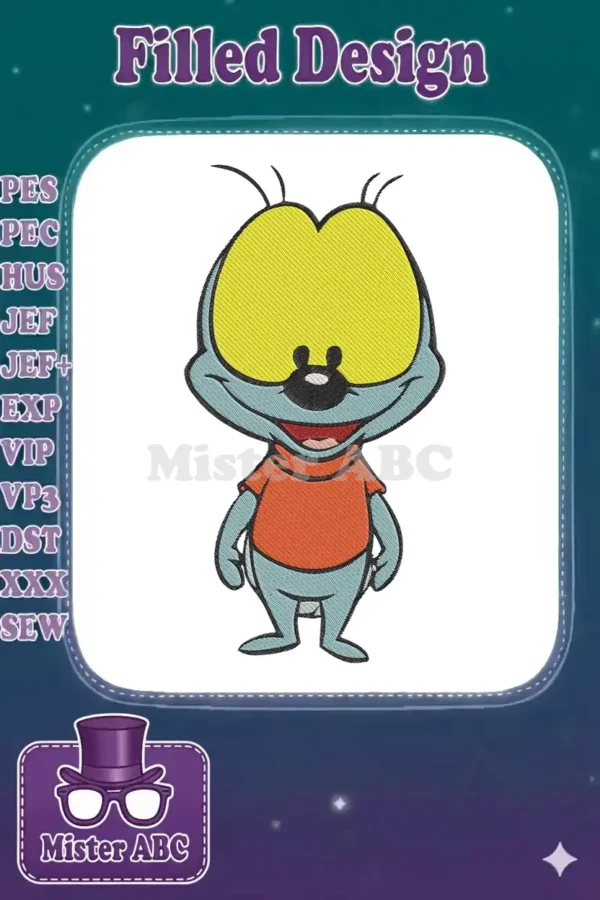 A vibrant embroidery design featuring a cheerful, blue-grey cartoon bug with large yellow eyes and an orange shirt.