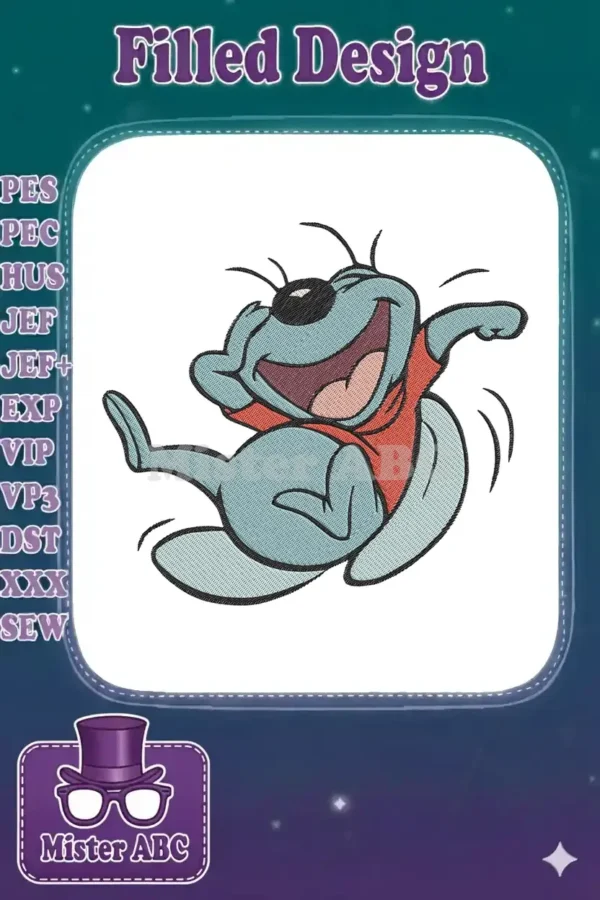 Close-up of a vibrant embroidery design featuring a light blue, laughing alien bug with antennae and a red shirt.