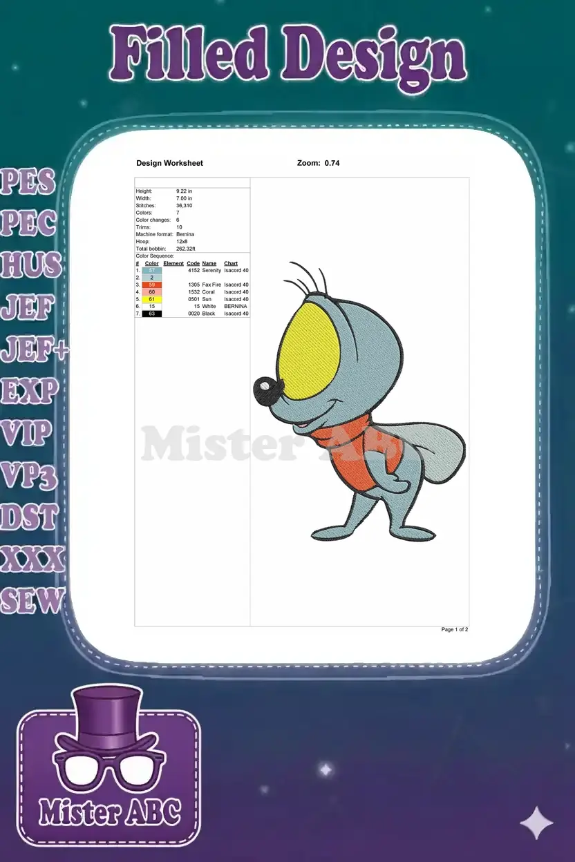 Embroidery design worksheet for Flip the Fly, detailing dimensions, stitch count, color sequence, and machine format.
