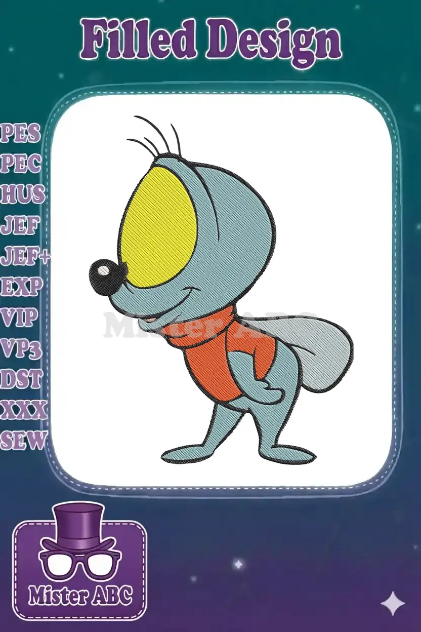 Vibrant embroidery design of Flip the Fly, a cheerful cartoon insect character with a large yellow eye and orange shirt.