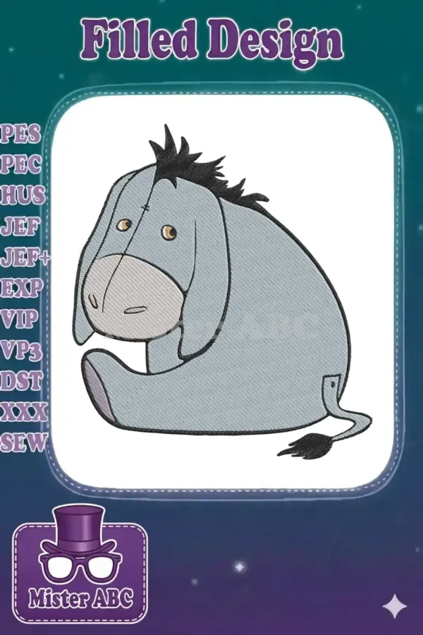A charming Eeyore embroidery design, featuring the beloved Winnie the Pooh character in a sitting pose.