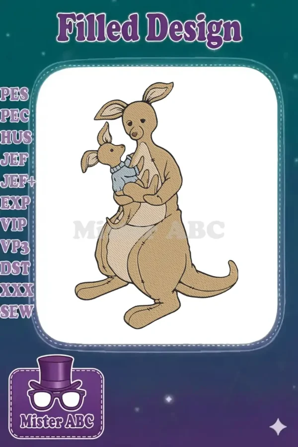 Kanga the kangaroo holding baby Roo in her pouch, wearing a blue sweater, in a detailed embroidery design.