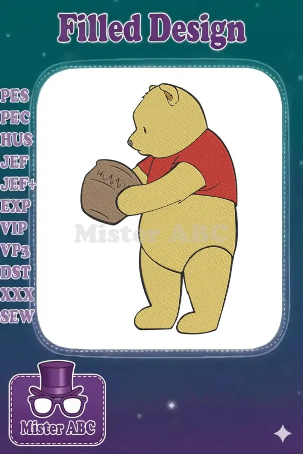 Classic Winnie the Pooh embroidery design, featuring the beloved bear holding his 'Hunny' pot, perfect for apparel.