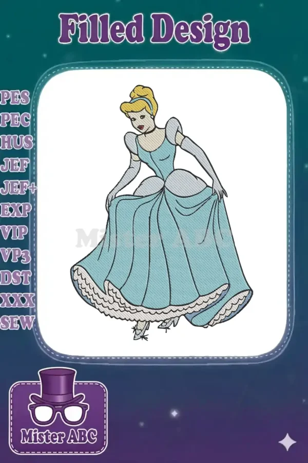 Full-body embroidery design of Cinderella in her iconic light blue ball gown, gracefully holding up her skirt.