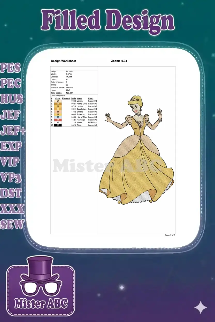 A design worksheet displaying embroidery specifications: height, width, stitch count, color changes, and thread chart.