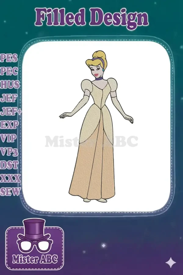 A beautiful embroidery design of Cinderella in her elegant ball gown, ready to add fairytale magic to projects.