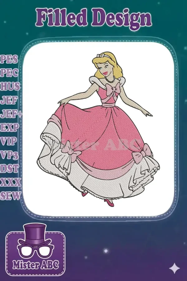 Full-body embroidery of Cinderella in a beautiful pink ball gown with bows, ready to dance at the royal ball.