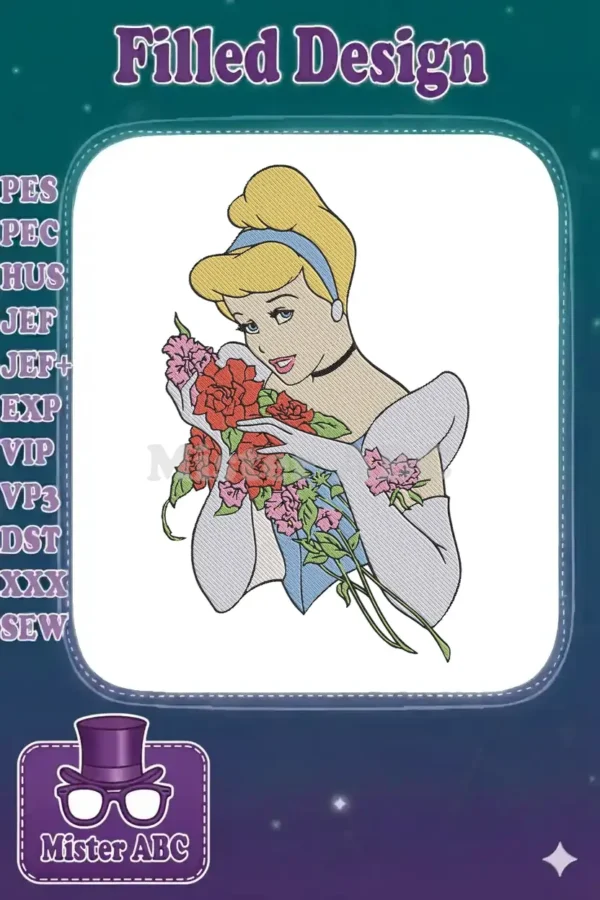 Enchanting Cinderella embroidery design, gracefully holding a vibrant bouquet of red and pink roses, ready to stitch.