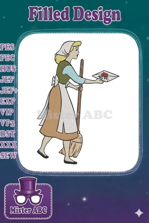 Cinderella embroidery design in servant attire, holding a broom and a royal invitation, ready for the ball.