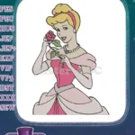 Cinderella blonde princess in pink dress holding red rose embroidery designs - Instant Download
