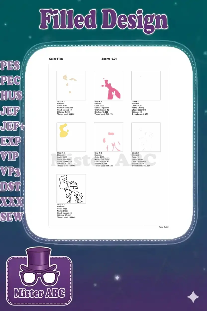 Color film breakdown of the princess embroidery design, showing each color stop and stitch progression.