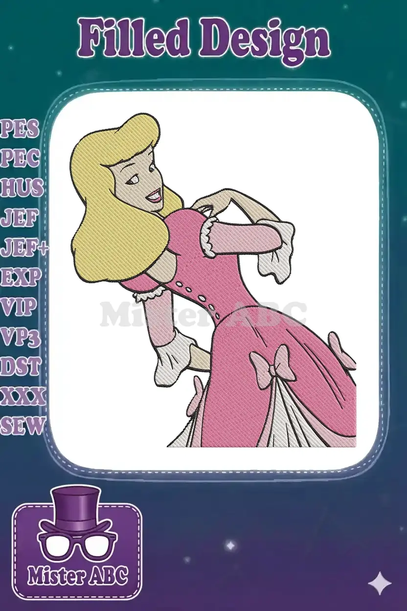 Vibrant embroidery design featuring a classic princess, likely Cinderella, in a beautiful pink ball gown.