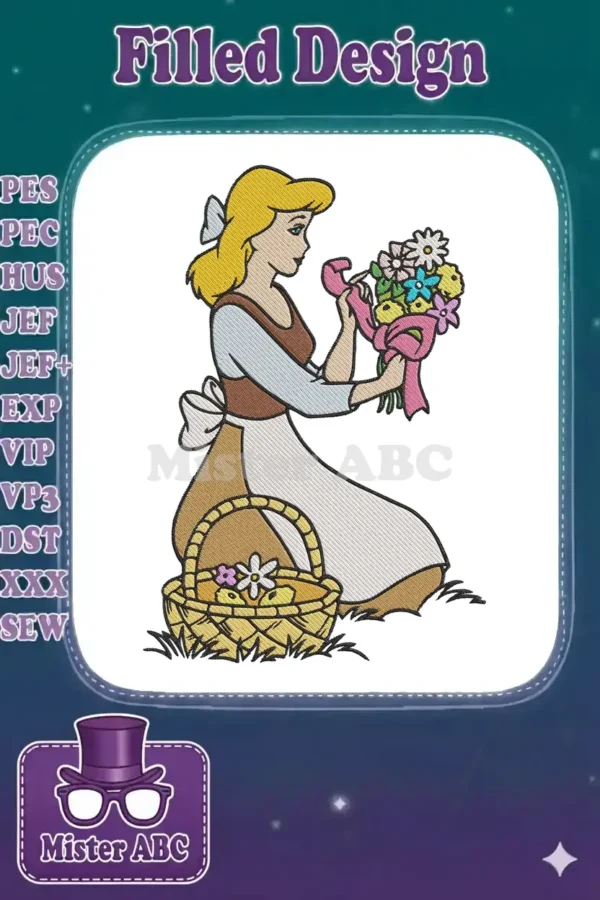 A delightful embroidery design of Cinderella in her classic servant attire, kneeling with a vibrant flower bouquet and basket.