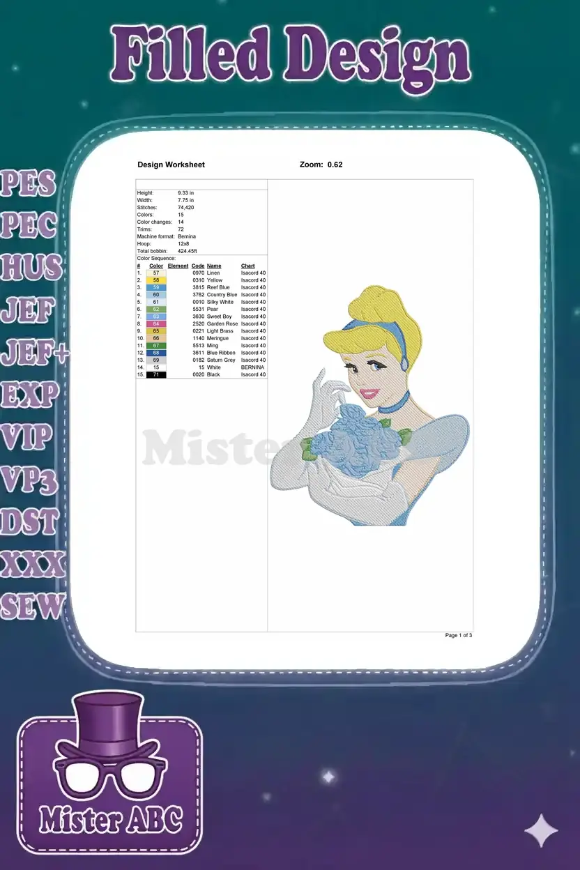 Detailed embroidery design worksheet for Cinderella, displaying stitch count, color sequence, dimensions, and machine format.