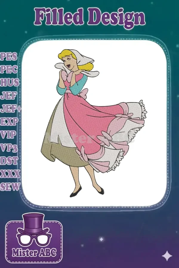 Full-body machine embroidery design of Cinderella in her pink and brown 'rags' dress, looking surprised and joyful.