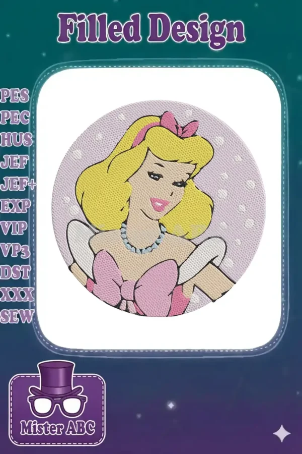 Close-up of a charming Cinderella-like princess embroidery design, featuring blonde hair, a pink bow, and pearl necklace.