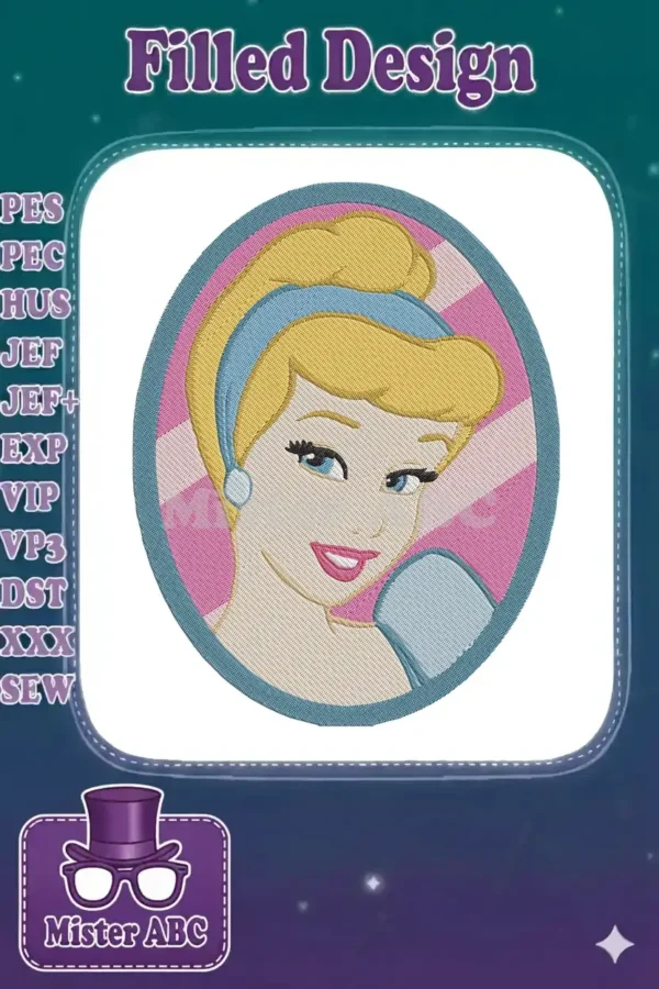 A vibrant embroidery design featuring Cinderella's smiling face within a pink and blue striped circular frame.