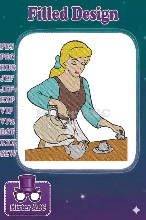 Detailed embroidery of Cinderella in her servant attire, pouring tea from a teapot into a cup on a table.