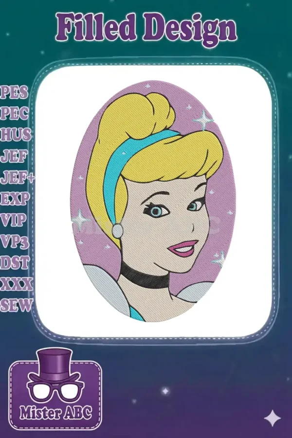A charming embroidery design of Cinderella's head, featuring her iconic blonde hair, blue headband, and sparkling background.
