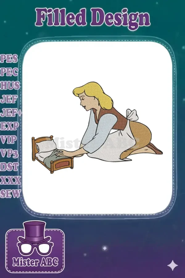 A detailed embroidery design of Cinderella in servant attire, kneeling and tending to a small bed with a blanket.