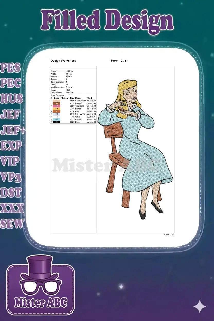 A design worksheet providing comprehensive technical details for the Cinderella embroidery, including dimensions and color sequence.