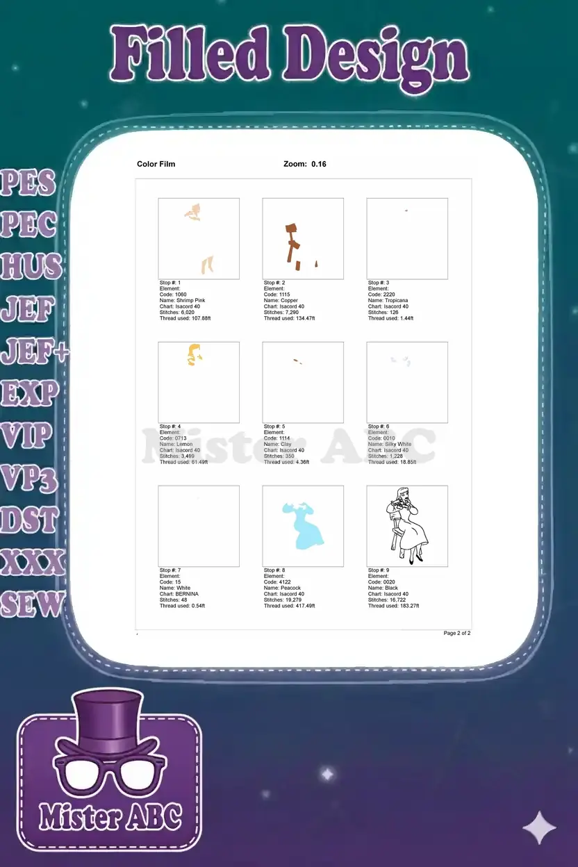 A color film breakdown of the Cinderella embroidery, showing each color stop and its individual stitching elements.