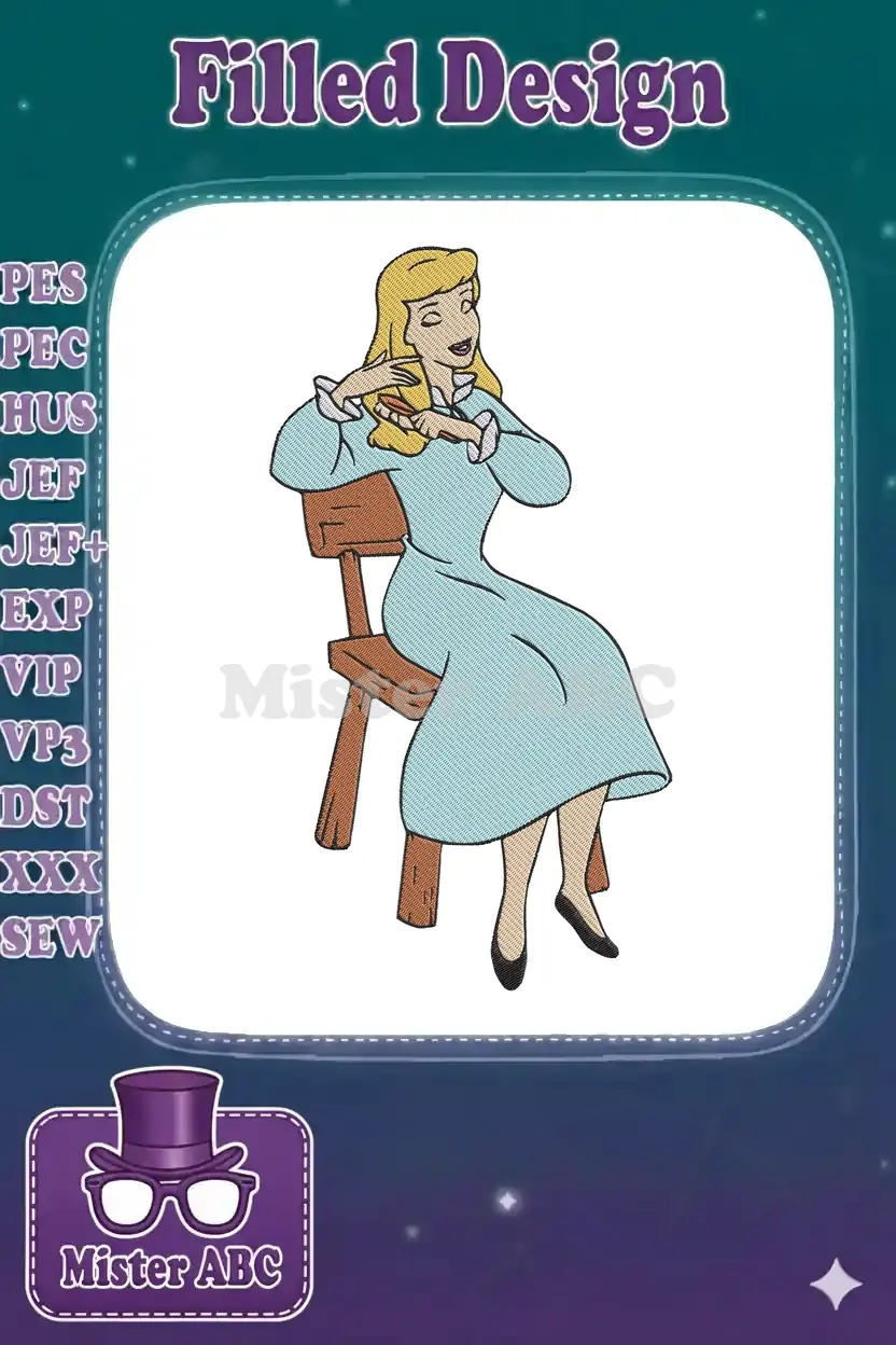 A charming embroidery of Cinderella, seated and gracefully brushing her blonde hair, featuring intricate fill and satin stitches.