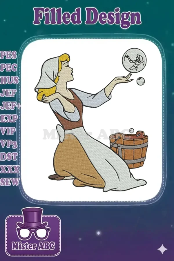 Detailed embroidery of Cinderella in her peasant dress, admiring a magical bubble with a carriage inside.