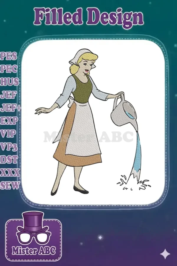 A vibrant embroidery design featuring Cinderella in her servant attire, gracefully pouring water.