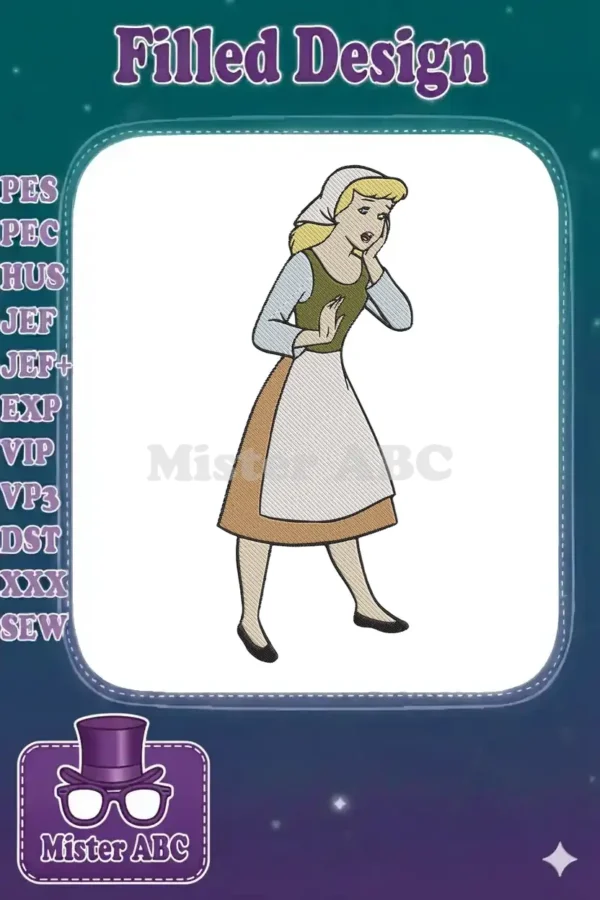 Full-body embroidery design of Cinderella in her pre-ball attire, looking distressed, with blonde hair and apron.