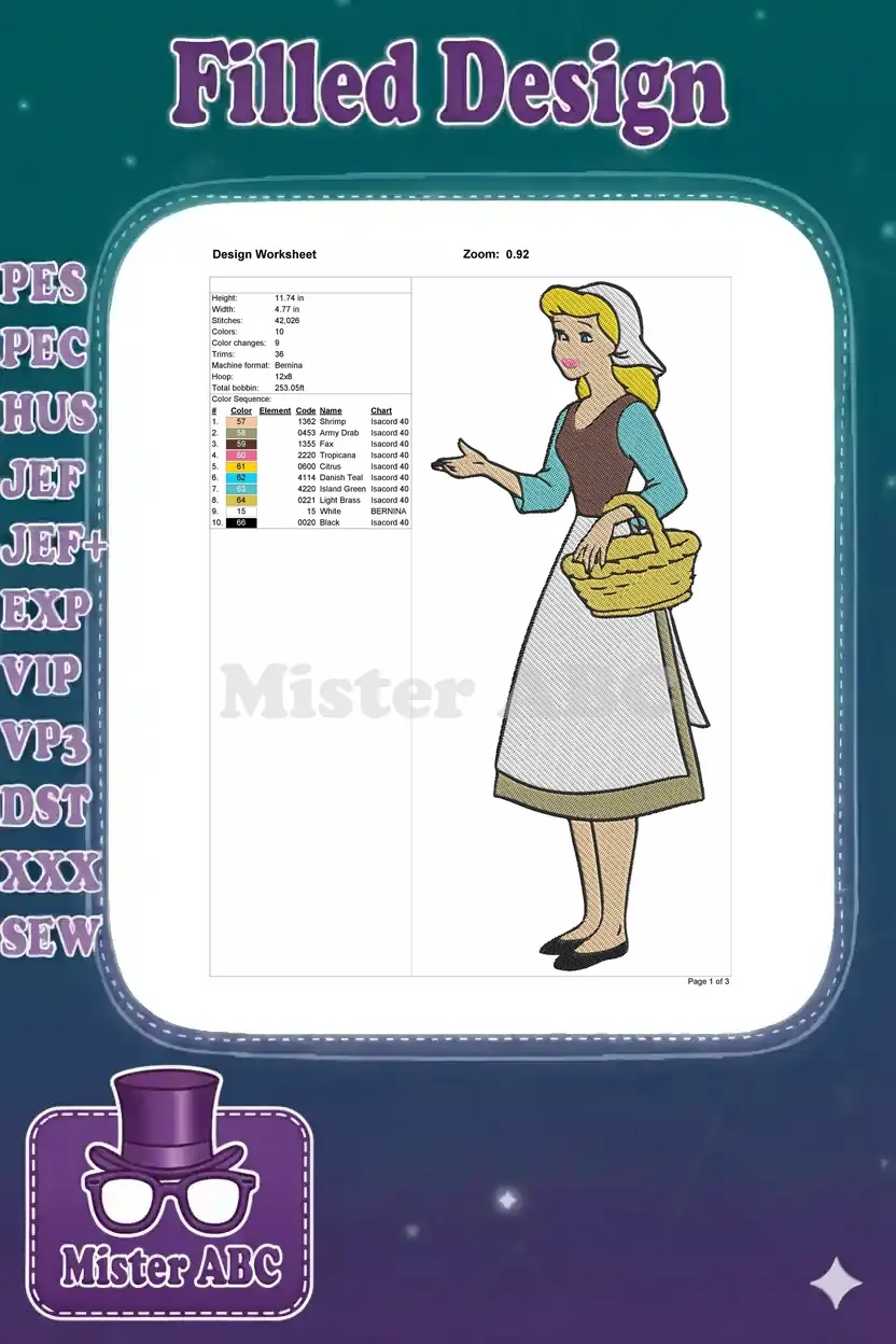 Embroidery design worksheet detailing stitch count, dimensions, color sequence, and machine compatibility.