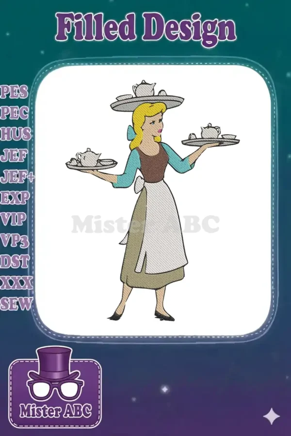Full-color embroidery design of Cinderella as a maid, balancing tea sets on trays and her head, with a charming smile.