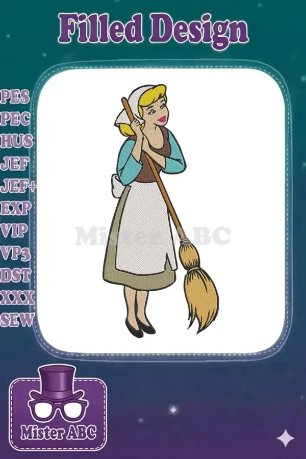 Full-color embroidery design of Cinderella as a scullery maid, holding a broom, against a white background.
