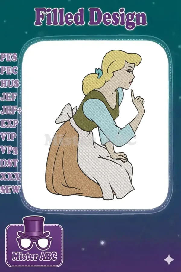 Elegant Cinderella embroidery design, featuring her in a classic servant's dress with detailed stitching and soft colors.
