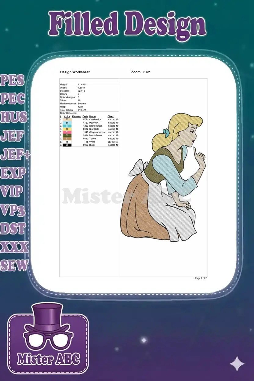 Detailed embroidery design worksheet for Cinderella, showing dimensions, stitch count, colors, and machine compatibility.