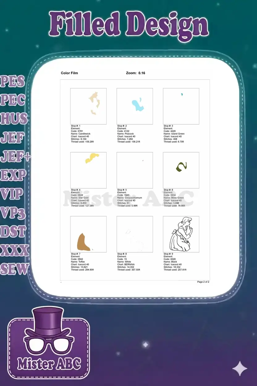 Cinderella embroidery color film detailing each stitch stop, thread usage, and color application sequence.