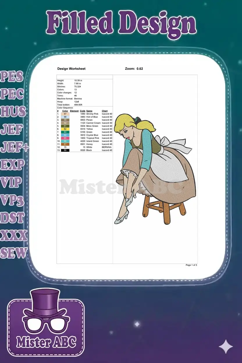 Technical embroidery design worksheet for Cinderella, detailing dimensions, stitch count, color sequence, and machine info.