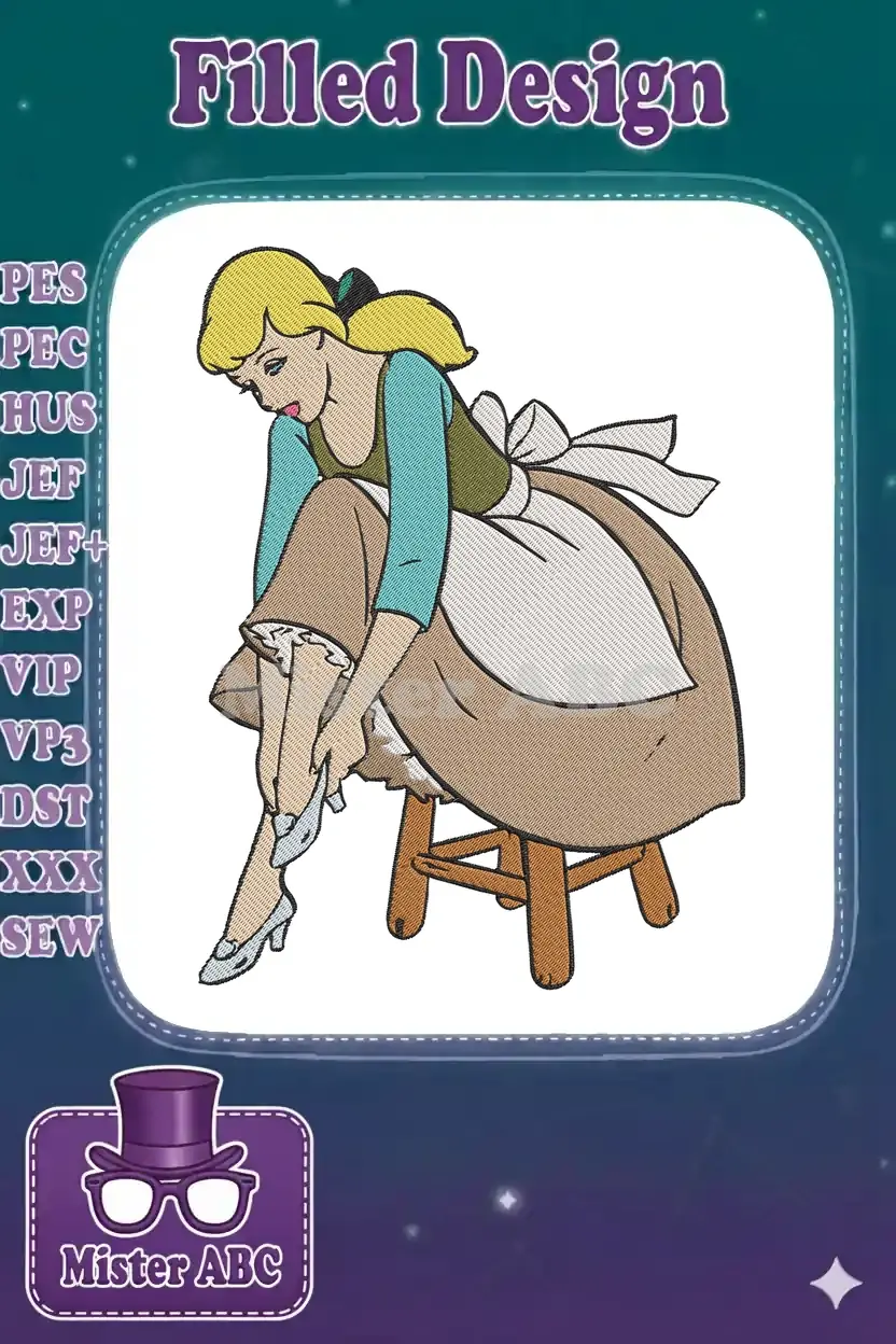 Detailed embroidery design of Cinderella in her maid attire, gracefully putting on her iconic glass slipper on a stool.