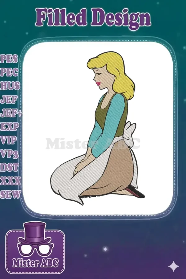 Detailed embroidery of Cinderella kneeling, dressed in her pre-ball attire with an apron, looking pensive.